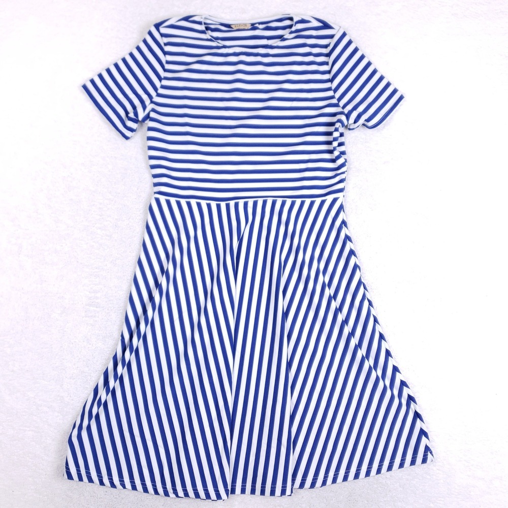 ACEVOG Skater Dress Womens‎ Striped Fit Flare Blue White Nautical Casual Sailor